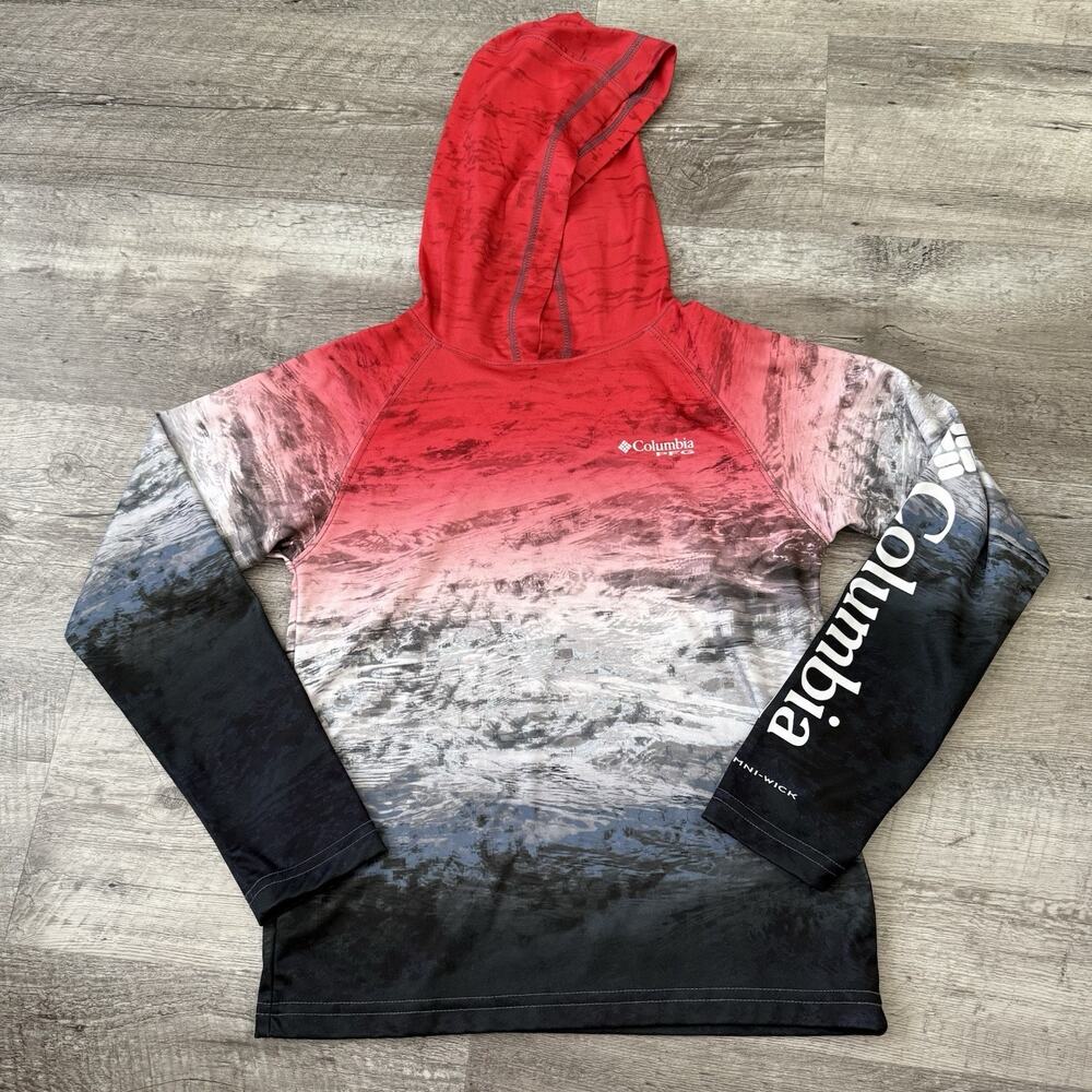 Columbia PFG Rashguard Hoodie Youth Small Red Black Ombre Omni-Wick Hooded Shirt